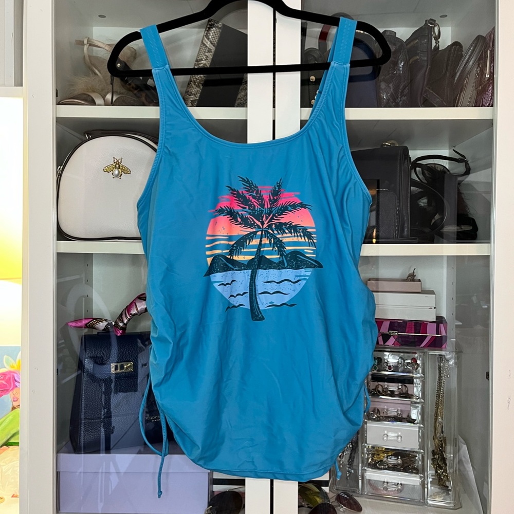 Tropical Teal Swim Tank with Optional Drawstring Rouching - Picture 4 of 7